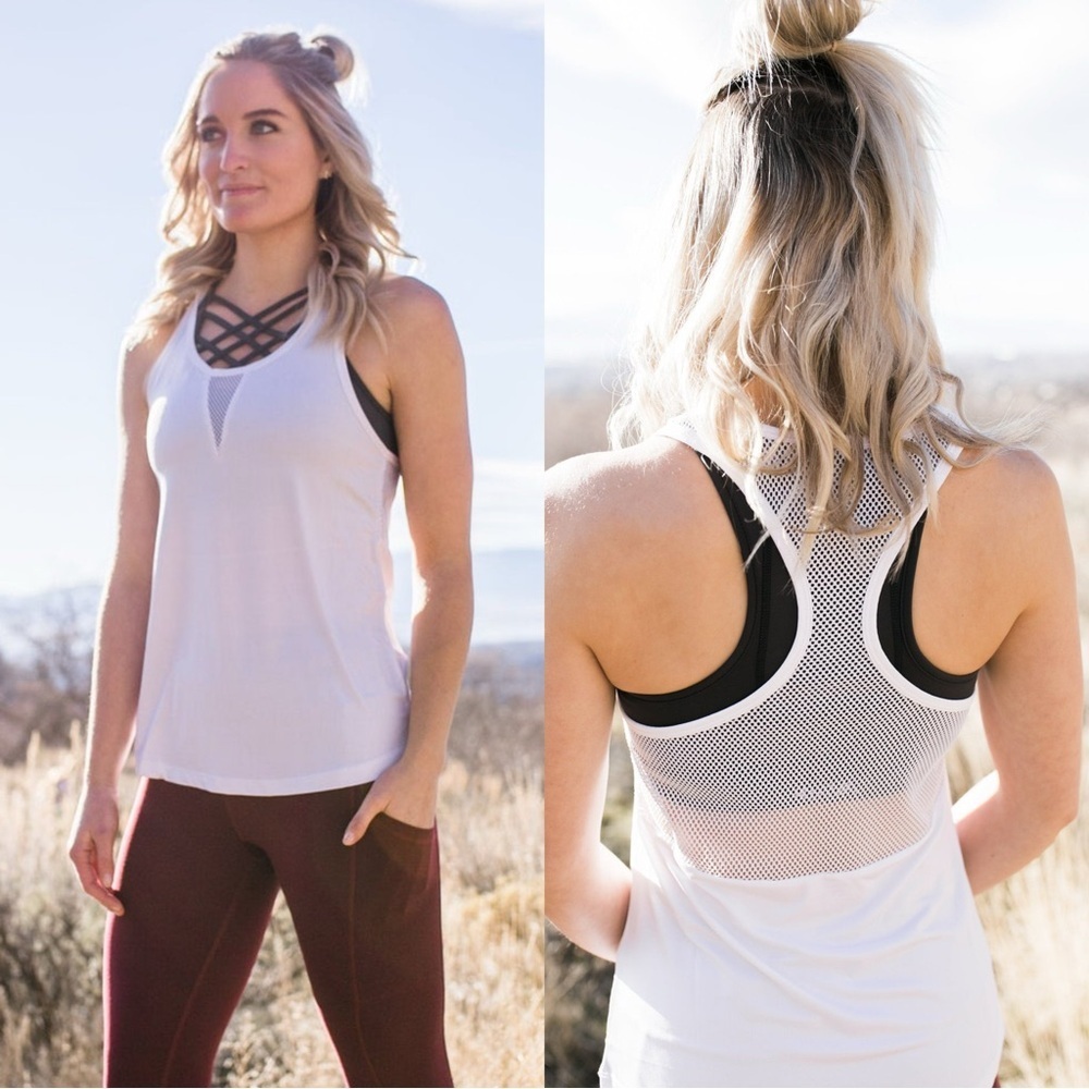 KIAVA Women’s Mesh Tank Top Sleeveless Racerback Workout in White XS